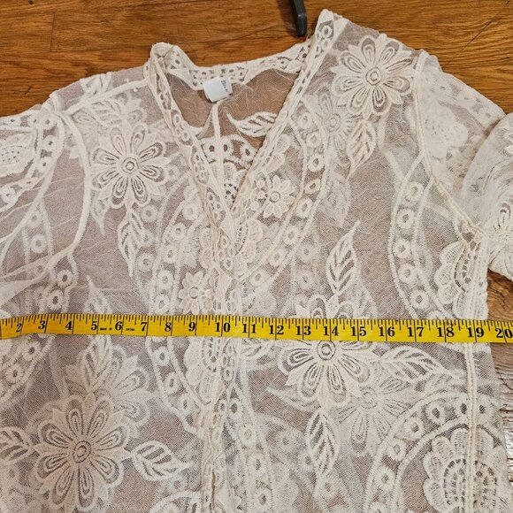 White Sheer Floral Lace Kimono Cardigan Cover Up Open Front 3/4 Sleeve S-M - Picture 5 of 10